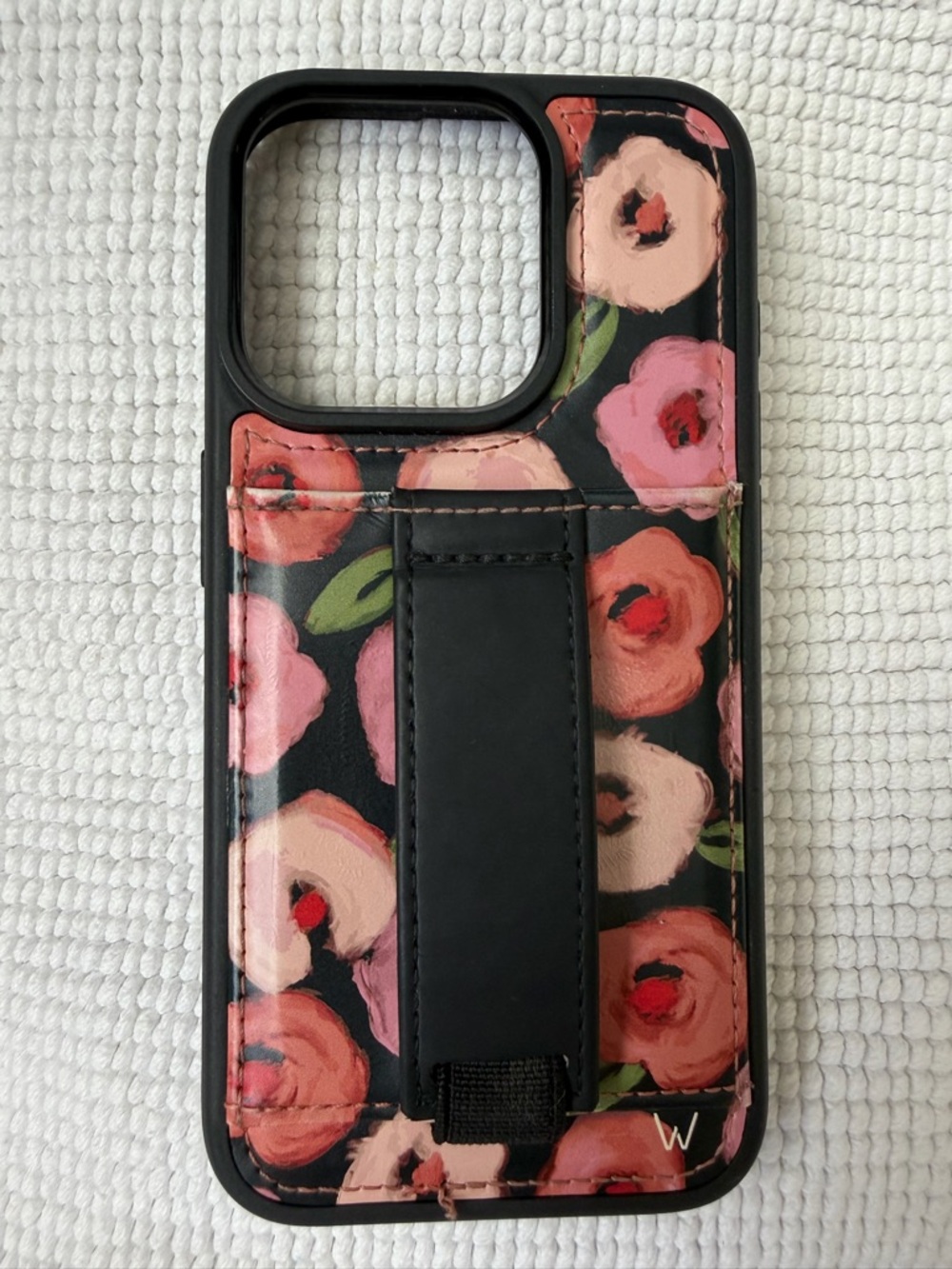 Walli Floral Phone Case with Hand Strap - Black Pink Rose Design  iphone 15 pro